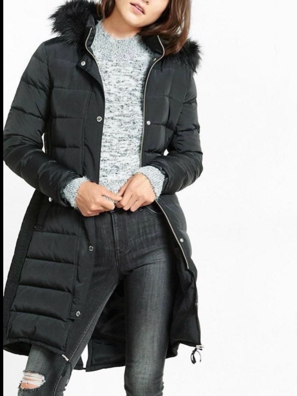 Express Black Long Puffer Coat with Faux-Fur Trim